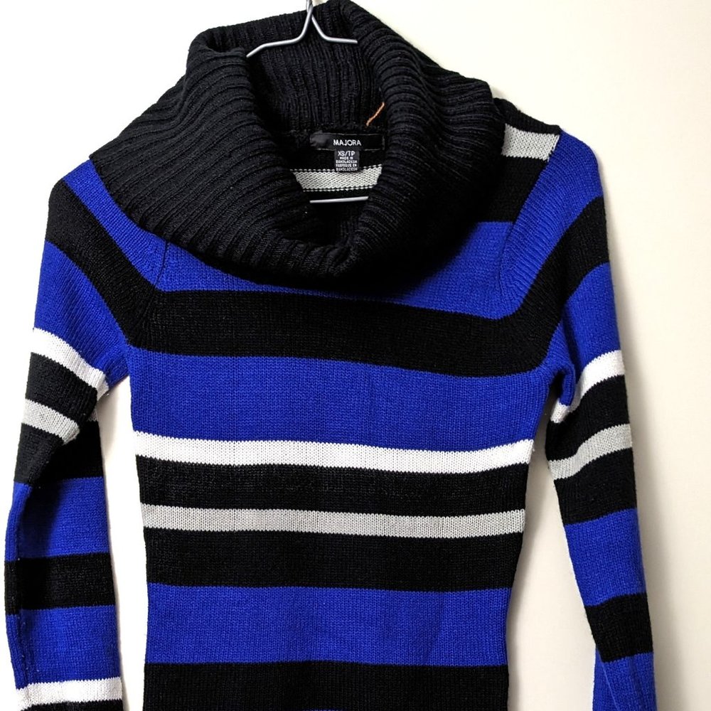 XS Majora Sweater Dress Blue and Black with White and Grey Strips